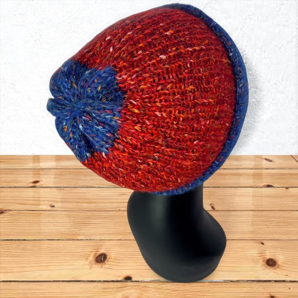 Handmade Cotton Alpaca Tweed Knit Blue Denim & Strawberry Red Unisex Beanie - Picture 5 of 10